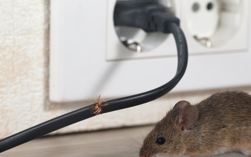 closeup mouse sits chewed wire apartment kitchen background wall electrical